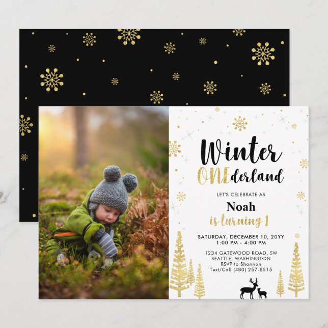 Invitación Winter Onederland, cumpleaños de la foto de Boy 1t (Anverso / Reverso)