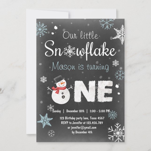 Invitación Winter Onederland cumpleaños fiesta de snowman Blu (Anverso)
