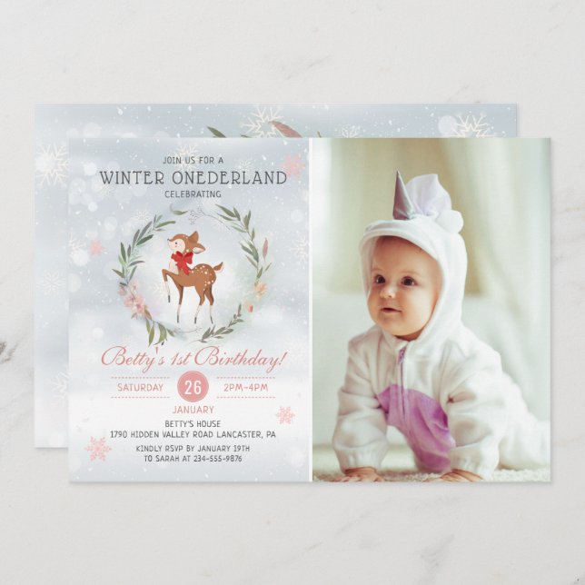 Invitación Winter Onederland Deer Baby First Birday Photo (Anverso / Reverso)