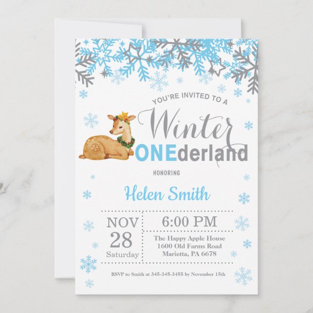 Invitación Winter Onederland Deer Boy 1er cumpleaños (Anverso)