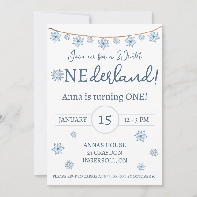 Invitación Winter ONEderland, fiesta de cumpleaños de copos d (Anverso)