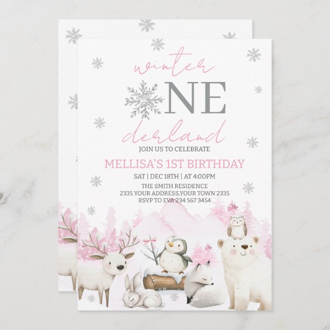 Invitación Winter ONEderland first birthday (Anverso / Reverso)
