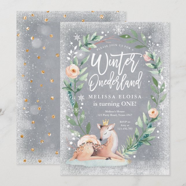 Invitación Winter ONEderland Floral Silver Woodland Cumpleaño (Anverso / Reverso)