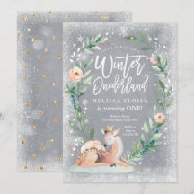 Winter ONEderland Floral Silver Woodland Cumpleaño