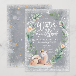 Invitación Winter ONEderland Floral Silver Woodland Cumpleaño