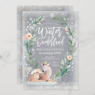 Invitación Winter ONEderland Floral Silver Woodland Cumpleaño
