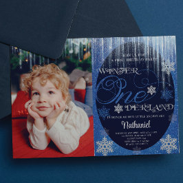 Invitación Winter ONEderland Foto Azul Primer cumpleaños