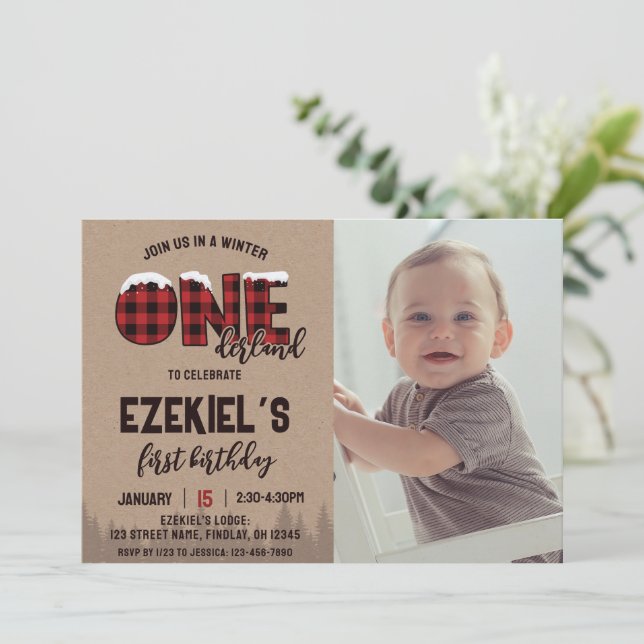 Invitación Winter ONEderland Foto de cumpleaños de búfalo ret (Anverso de pie)