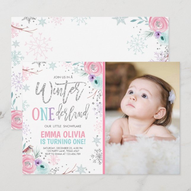 Invitación Winter ONEderland Foto de plata rosa 1er cumpleaño (Anverso / Reverso)