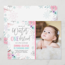 Invitación Winter ONEderland Foto de plata rosa 1er cumpleaño