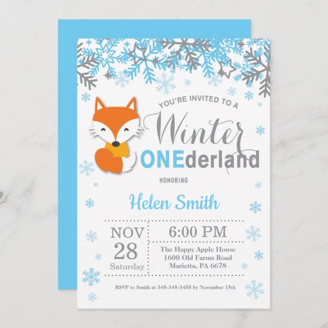 Invitación Winter Onederland Fox Boy primer cumpleaños (Anverso / Reverso)