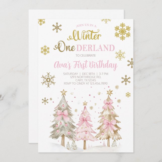 Invitación Winter ONEderland girl Christmas birthday invite. (Anverso / Reverso)