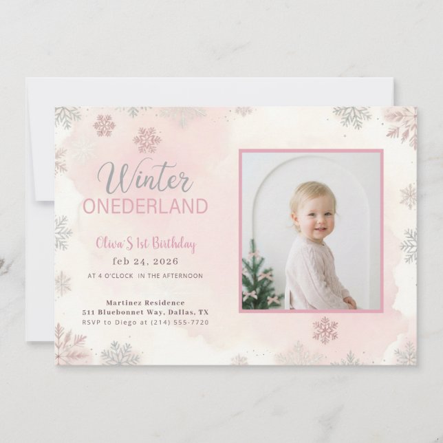 Invitación Winter Onederland Girl Photo First Birthday (Anverso)