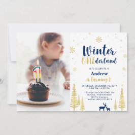 Invitación Winter Onederland, Gold & Navy Boy 1er cumpleaños
