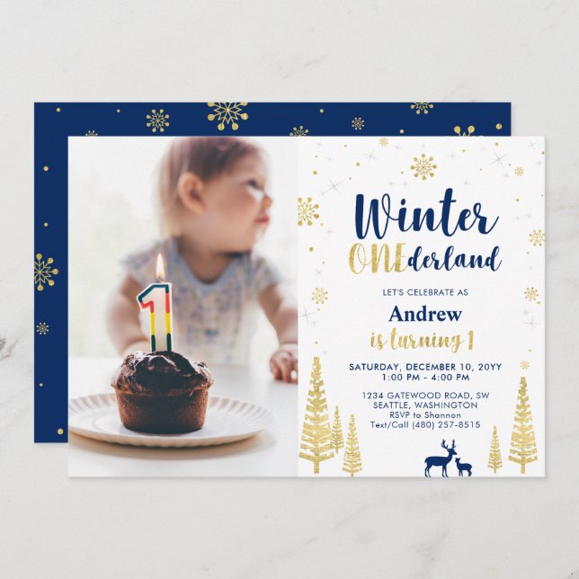 Invitación Winter Onederland, Gold & Navy Boy 1er cumpleaños (Anverso / Reverso)