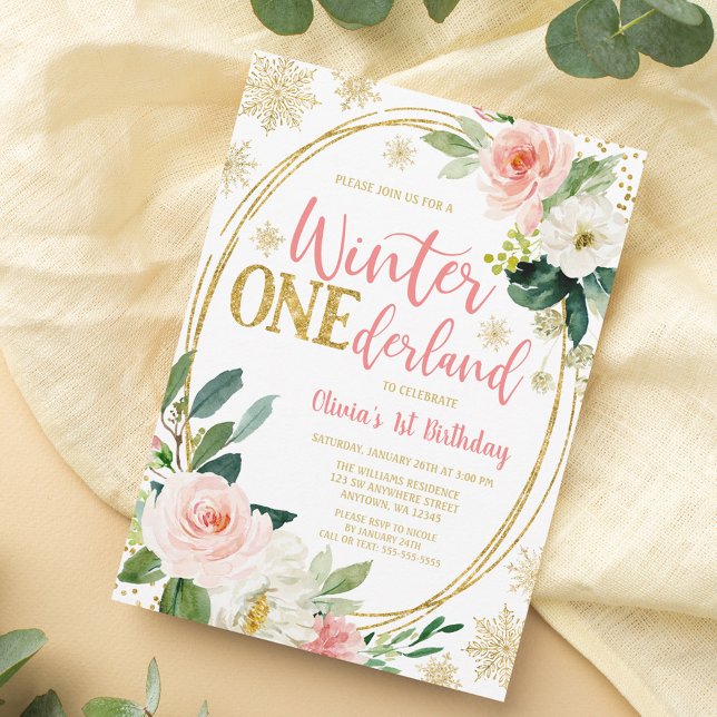 Invitación Winter ONEderland Gold Pink Floral Cumpleaños (Subido por el creador)