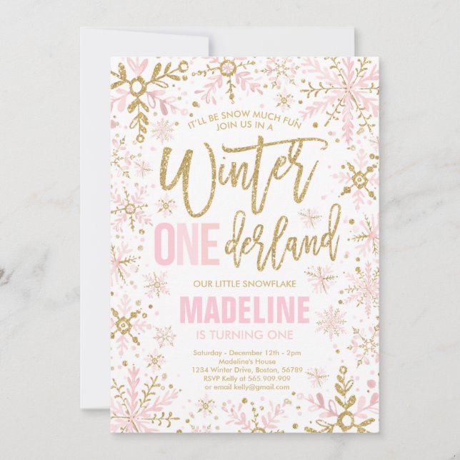 Invitación Winter ONEderland Gold Snowflake Primer cumpleaños (Anverso)