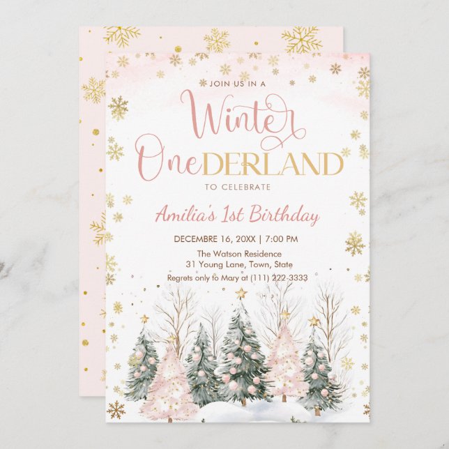 Invitación Winter Onederland Gold Snowflakes 1st Birthday (Anverso / Reverso)