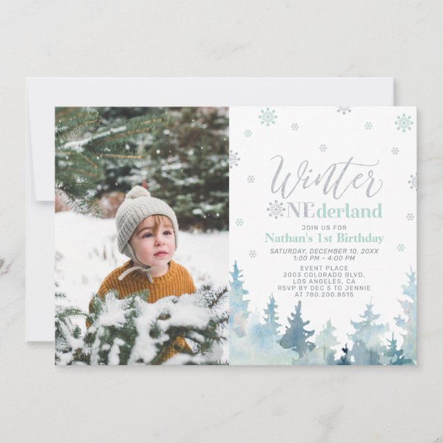 Invitación Winter Onederland Mint Boy 1er cumpleaños foto (Anverso)