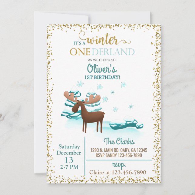 Invitación Winter Onederland moose chico primer cumpleaños. (Anverso)