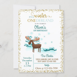 Invitación Winter Onederland moose chico primer cumpleaños.