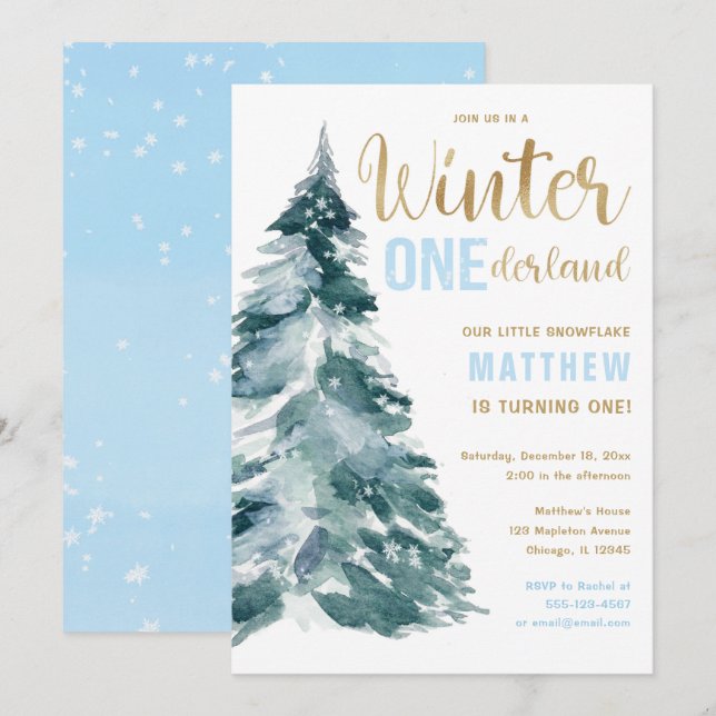 Invitación Winter ONEderland niño de oro azul primer cumpleañ (Anverso / Reverso)