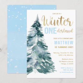 Invitación Winter ONEderland niño de oro azul primer cumpleañ