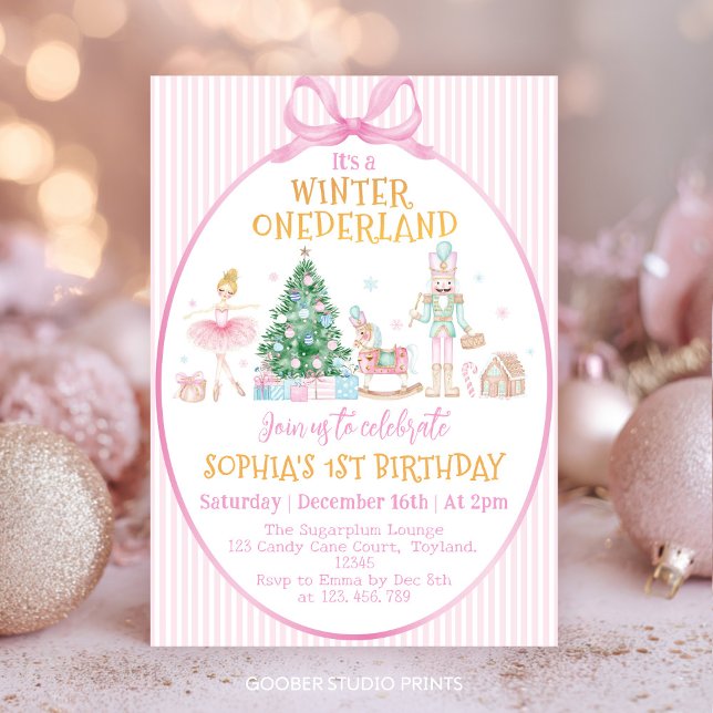 Invitación Winter Onederland Nutcracker Pink Bow Birthday (Subido por el creador)