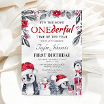 Invitación Winter Onederland Penguin Christmas 1st Birthday<br><div class="desc">First birthday christmas party invitations featuring a washed out gray background,  elegant watercolor xmas florals & foliage,  cute baby penguins,  snowman,  gifts,  and a elegant personalized 1st birthday template that is easy to customize.</div>