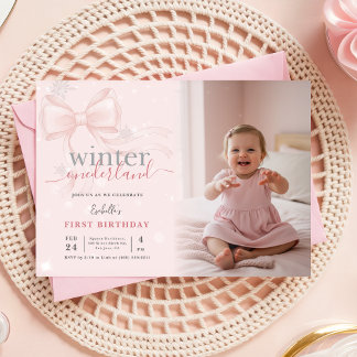 Invitación Winter ONEderland Photo Pink Bow First Birthday