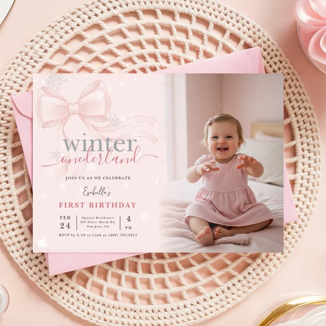 Invitación Winter ONEderland Photo Pink Bow First Birthday (Subido por el creador)