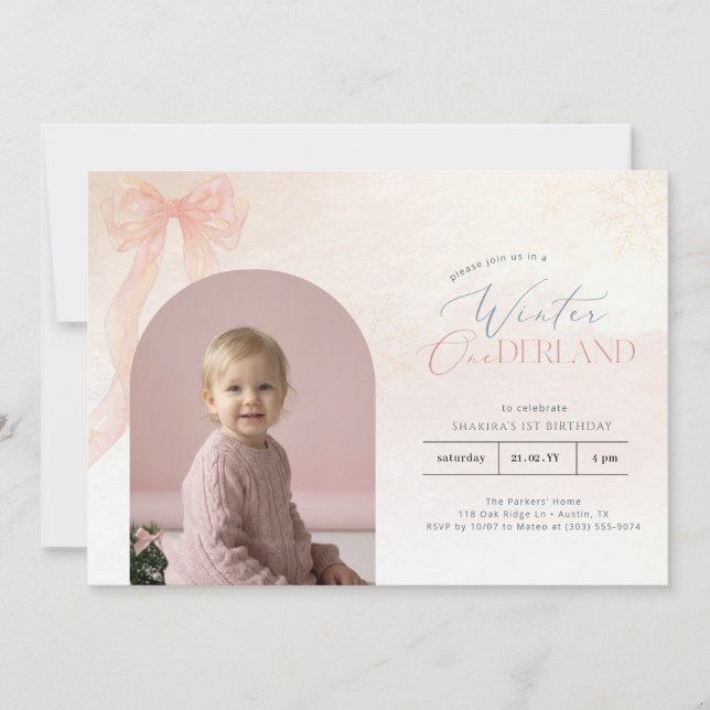 Invitación Winter ONEderland Pink Bow First Birthday Photo (Anverso)