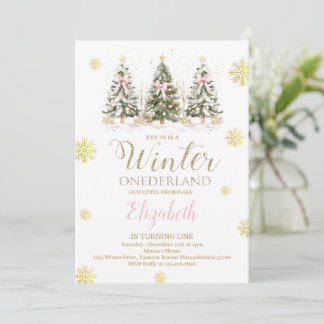 Invitación WINTER ONEderland Pink & Faux Gold 1st Birthday I