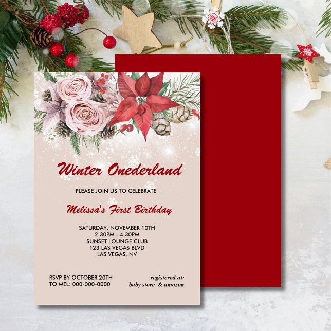 Invitación Winter onederland pink floral cínsettia (Subido por el creador)