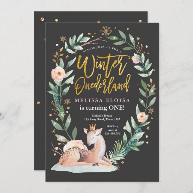 Invitación Winter ONEderland Pink Gold Woodland Deer Birthday (Anverso / Reverso)