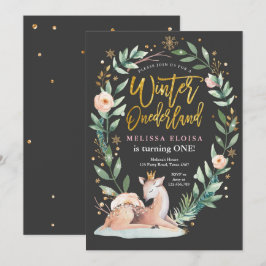 Invitación Winter ONEderland Pink Gold Woodland Deer Birthday