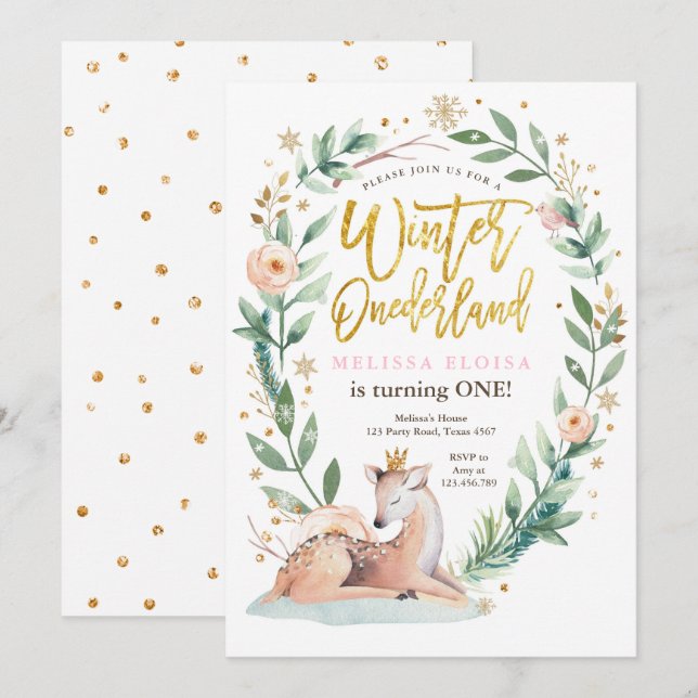 Invitación Winter ONEderland Pink Gold Woodland Deer Birthday (Anverso / Reverso)