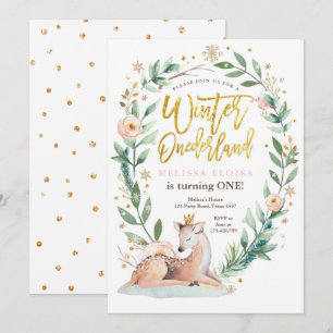 Invitación Winter ONEderland Pink Gold Woodland Deer Birthday