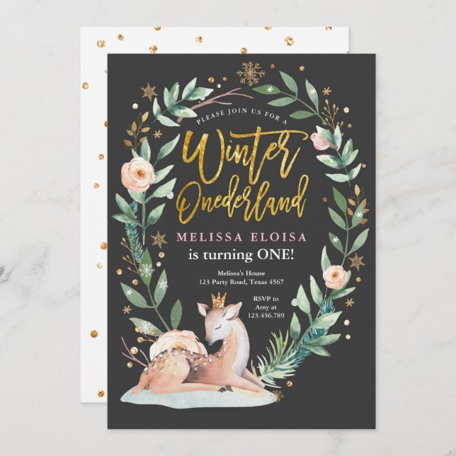 Invitación Winter ONEderland Pink Gold Woodland Deer Birthday (Anverso / Reverso)