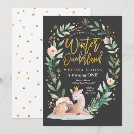 Invitación Winter ONEderland Pink Gold Woodland Deer Birthday