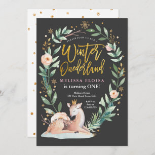 Invitación Winter ONEderland Pink Gold Woodland Deer Birthday