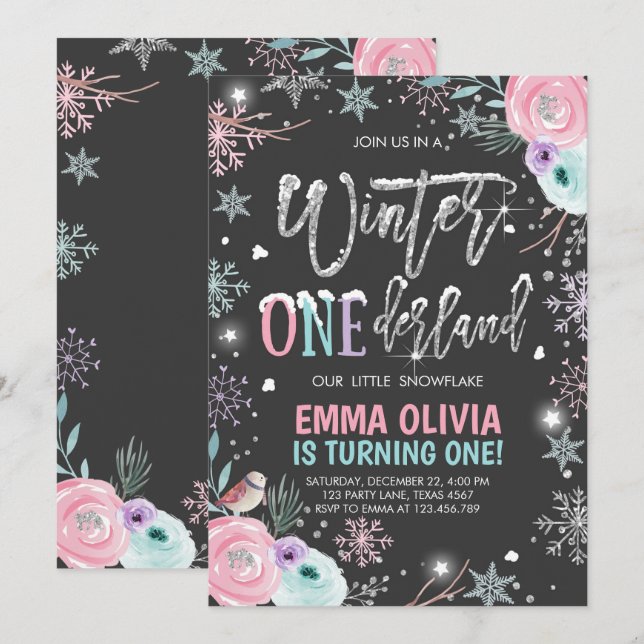Invitación Winter ONEderland Pink Silver Black First Birday (Anverso / Reverso)