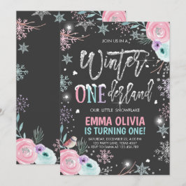 Invitación Winter ONEderland Pink Silver Black First Birday