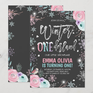 Invitación Winter ONEderland Pink Silver Black First Birday