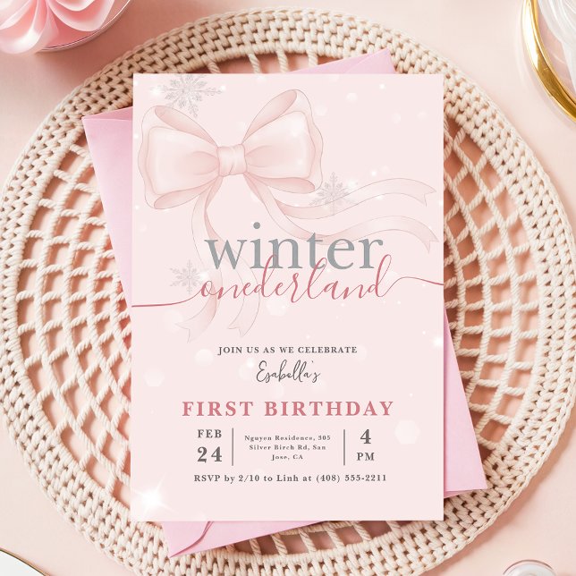 Invitación Winter Onederland Pink Snowflake Bow 1st Birthday (Subido por el creador)