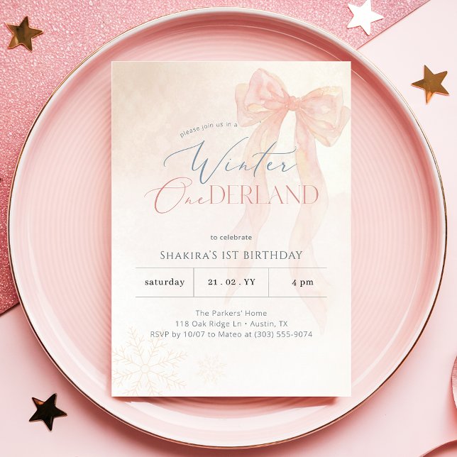 Invitación Winter Onederland Pink Watercolor Bow 1st Birthday (Subido por el creador)