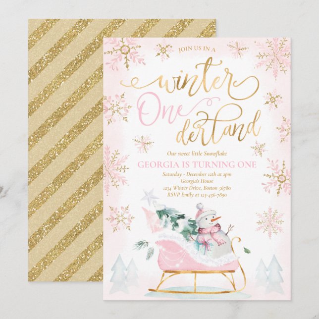 Invitación Winter ONEderland Pink Winter Sleigh 1er cumpleaño (Anverso / Reverso)