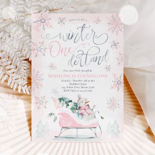 Invitación Winter ONEderland Pink Winter Sleigh 1er cumpleaño