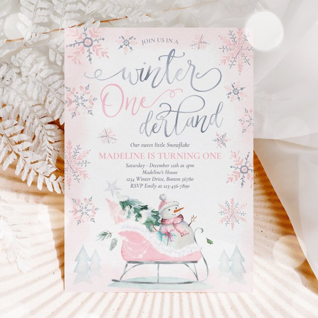 Invitación Winter ONEderland Pink Winter Sleigh 1er cumpleaño (Subido por el creador)