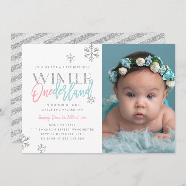 Invitación Winter ONEderland Plata Rosa Azul 1er cumpleaños F (Anverso / Reverso)